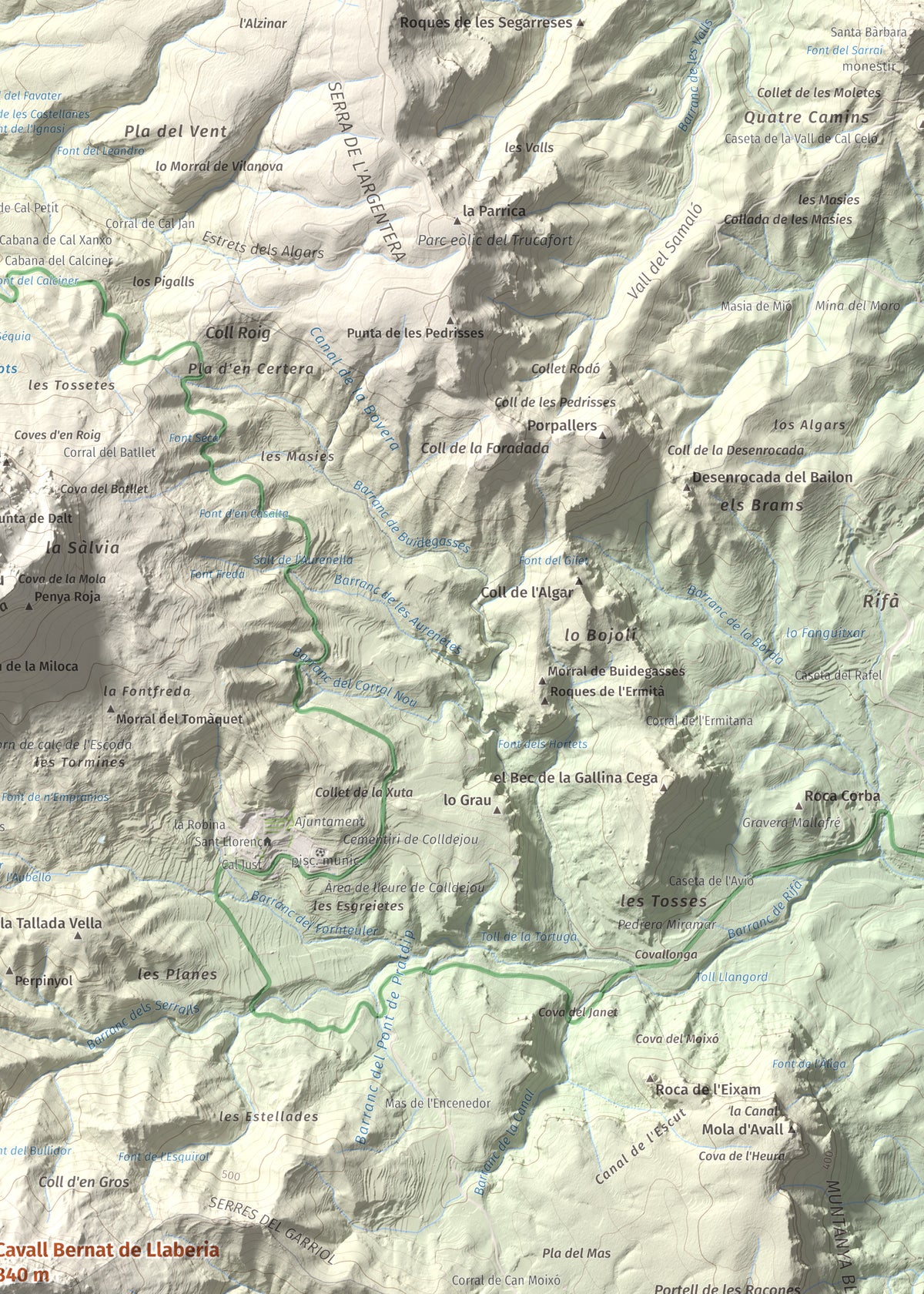 Mapa de relieve de Cavall Bernat de Llaberia, 840 m, Baix Camp, lámina 100 Cims de Trobart. Detalle de la zona superior derecha. 50 × 70 cm.