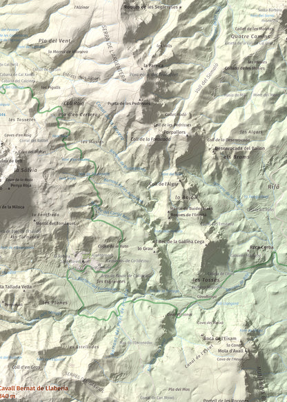 Mapa de relieve de Cavall Bernat de Llaberia, 840 m, Baix Camp, lámina 100 Cims de Trobart. Detalle de la zona superior derecha. 50 × 70 cm.