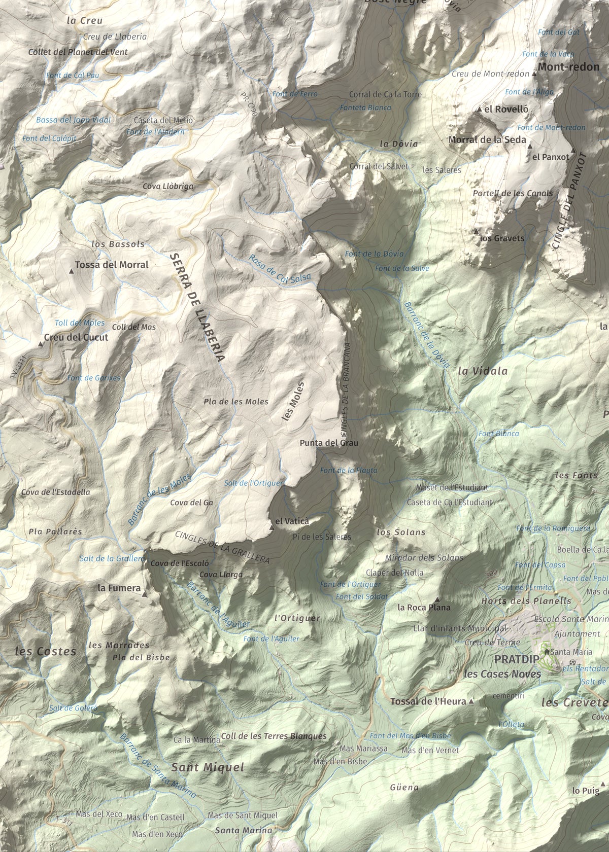 Mapa de relieve de Cavall Bernat de Llaberia, 840 m, Baix Camp, lámina 100 Cims de Trobart. Detalle de la zona inferior izquierda. 50 × 70 cm.