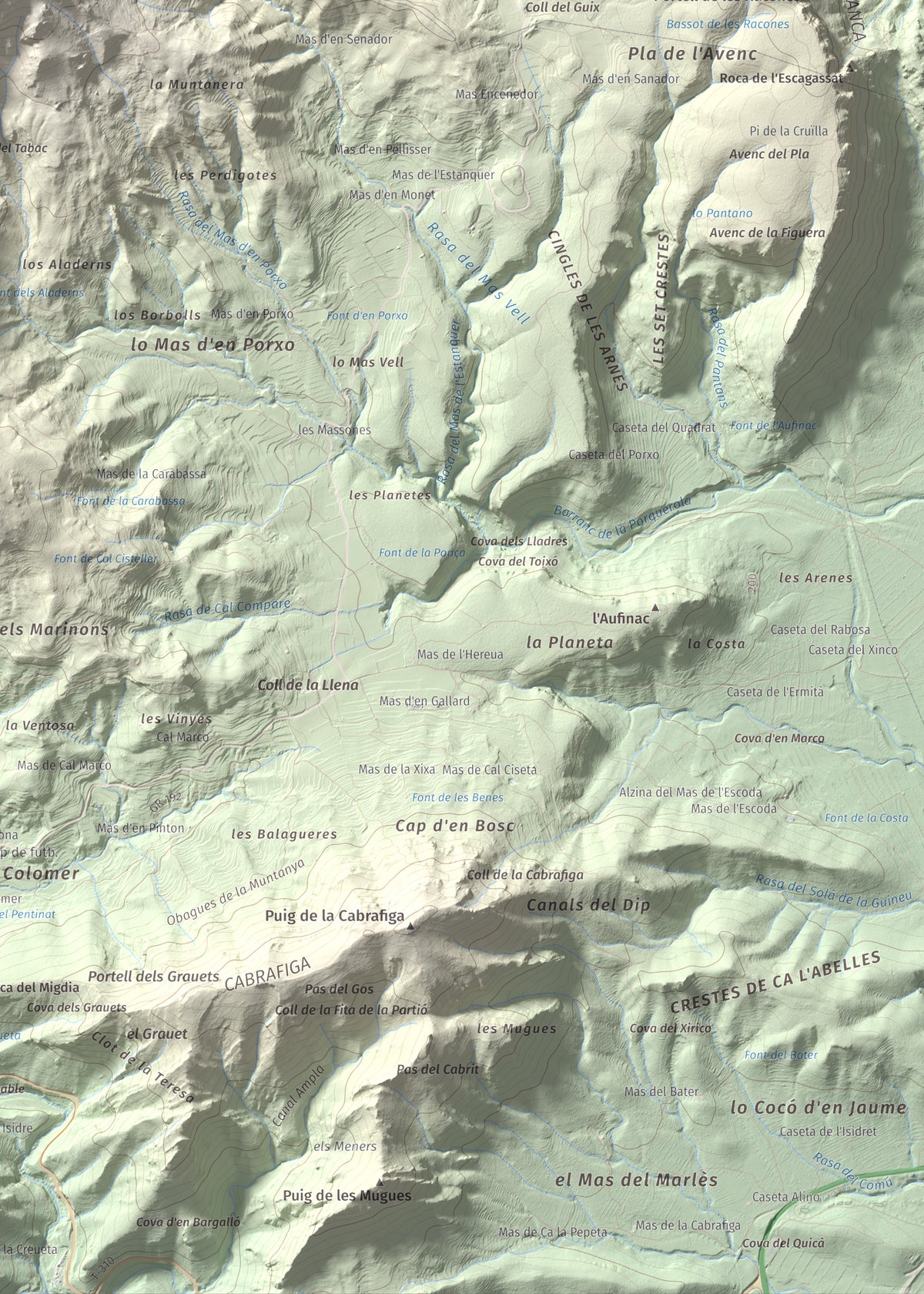 Mapa de relieve de Cavall Bernat de Llaberia, 840 m, Baix Camp, lámina 100 Cims de Trobart. Detalle de la zona inferior derecha. 50 × 70 cm.