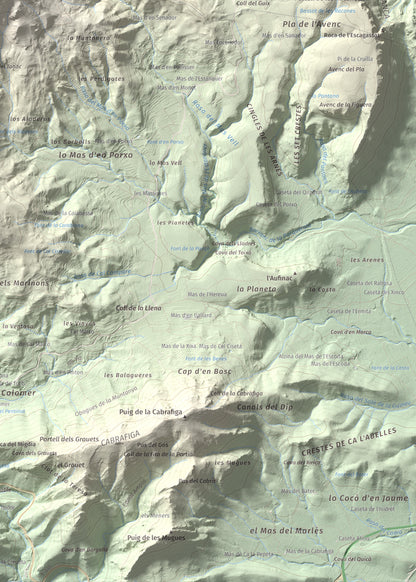Mapa de relieve de Cavall Bernat de Llaberia, 840 m, Baix Camp, lámina 100 Cims de Trobart. Detalle de la zona inferior derecha. 50 × 70 cm.