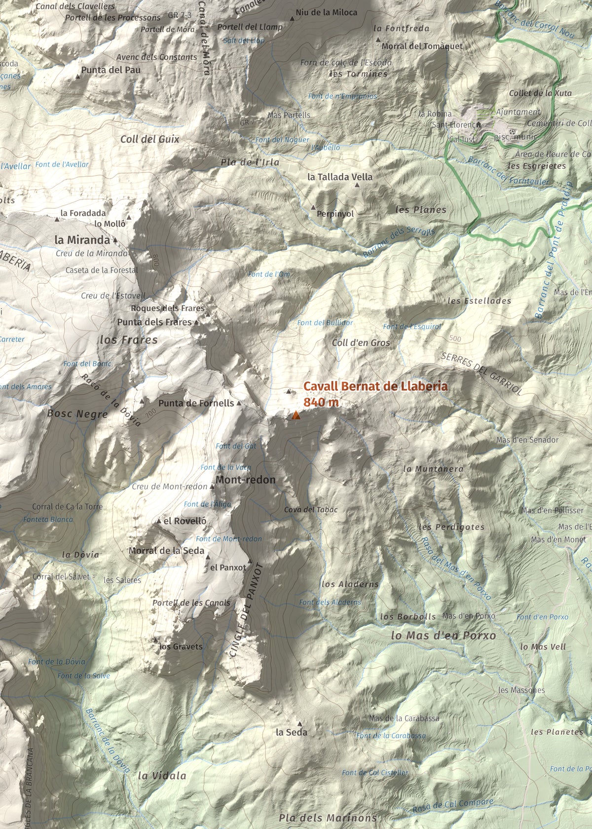 Mapa de relieve de Cavall Bernat de Llaberia, 840 m, Baix Camp, lámina 100 Cims de Trobart. Detalle de la zona central. 50 × 70 cm.