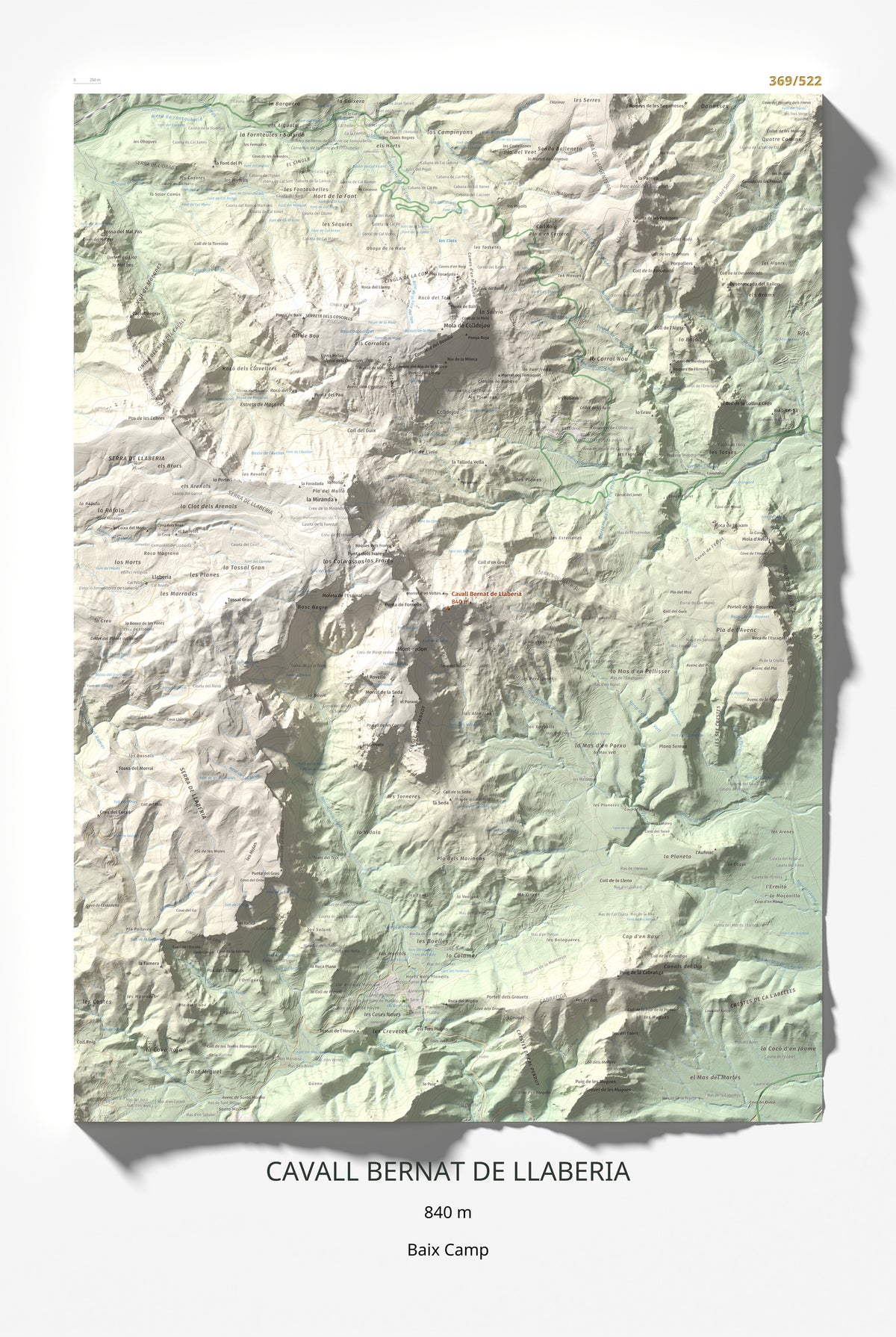 Mapa de relieve de Cavall Bernat de Llaberia, 840 m, Baix Camp, lámina 100 Cims de Trobart 61 × 91 cm.