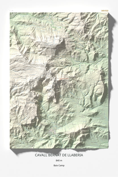 Mapa de relieve de Cavall Bernat de Llaberia, 840 m, Baix Camp, lámina 100 Cims de Trobart 61 × 91 cm.