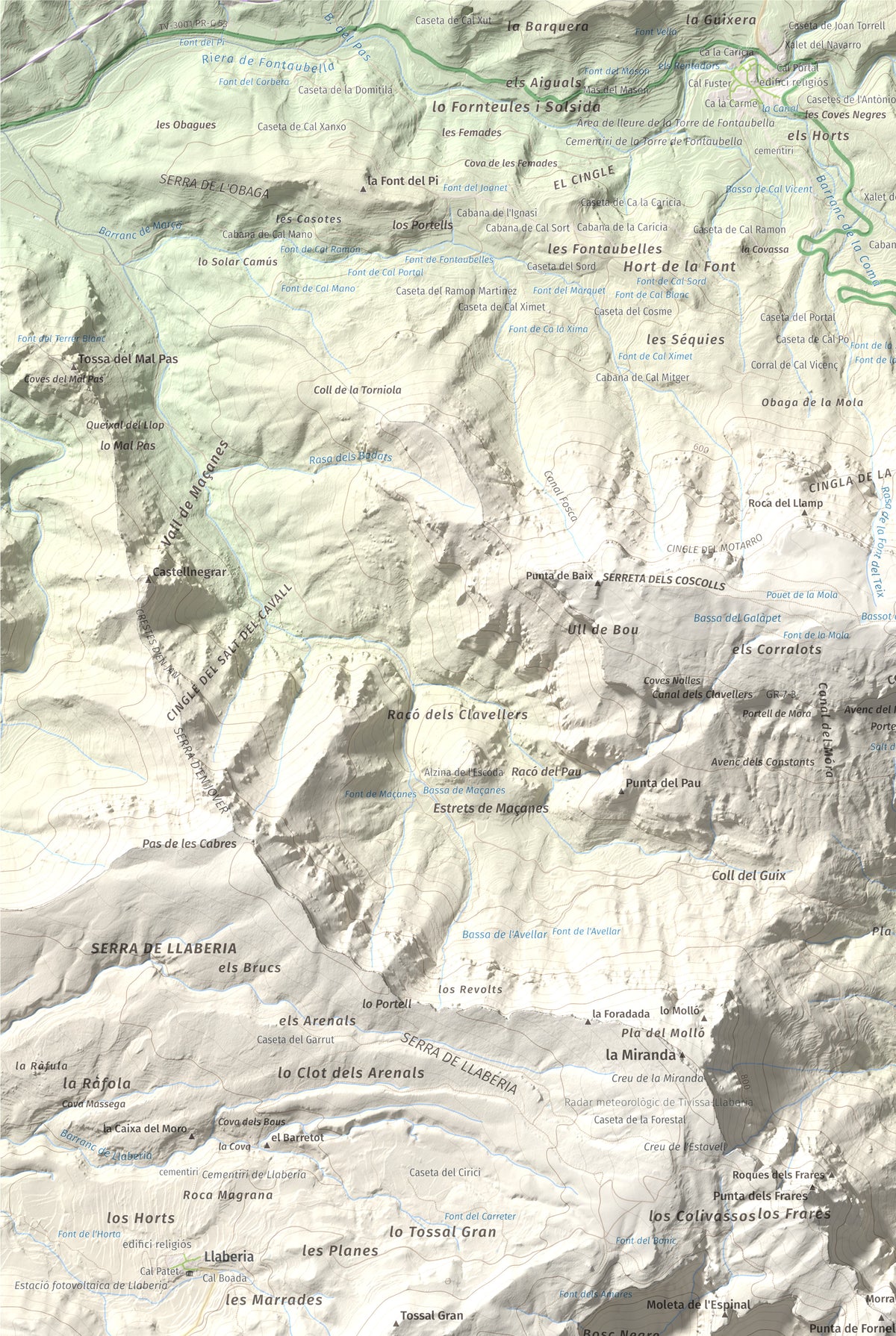 Mapa de relieve de Cavall Bernat de Llaberia, 840 m, Baix Camp, lámina 100 Cims de Trobart. Detalle de la zona superior izquierda. 61 × 91 cm.