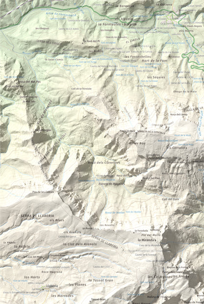 Mapa de relieve de Cavall Bernat de Llaberia, 840 m, Baix Camp, lámina 100 Cims de Trobart. Detalle de la zona superior izquierda. 61 × 91 cm.