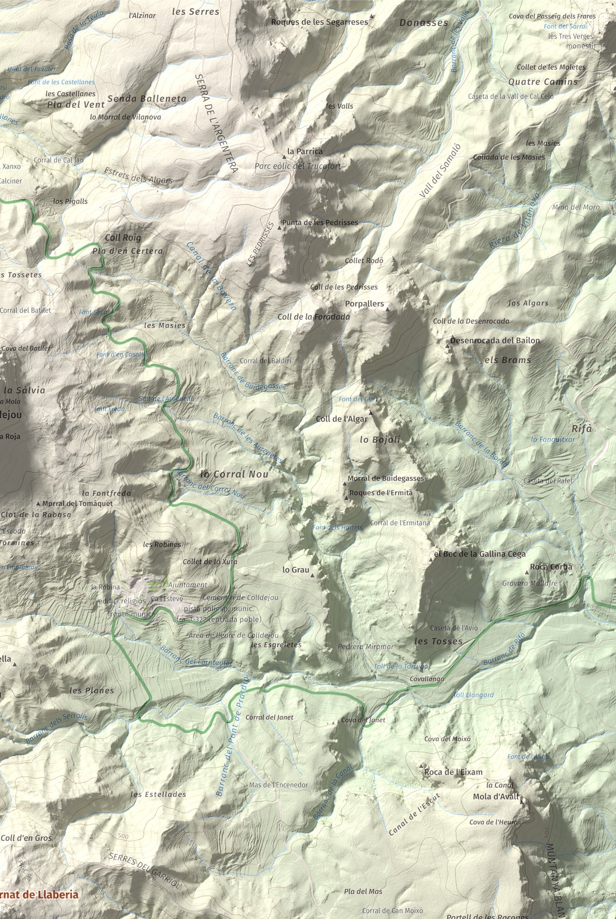 Mapa de relieve de Cavall Bernat de Llaberia, 840 m, Baix Camp, lámina 100 Cims de Trobart. Detalle de la zona superior derecha. 61 × 91 cm.