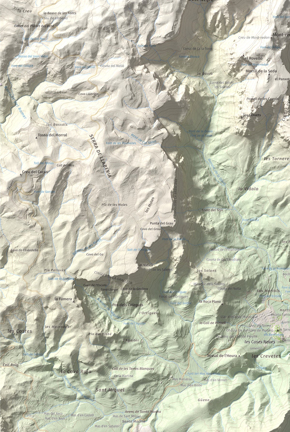Mapa de relieve de Cavall Bernat de Llaberia, 840 m, Baix Camp, lámina 100 Cims de Trobart. Detalle de la zona inferior izquierda. 61 × 91 cm.