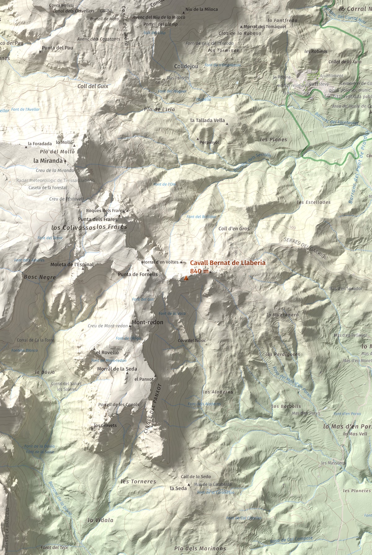 Mapa de relieve de Cavall Bernat de Llaberia, 840 m, Baix Camp, lámina 100 Cims de Trobart. Detalle de la zona central. 61 × 91 cm.