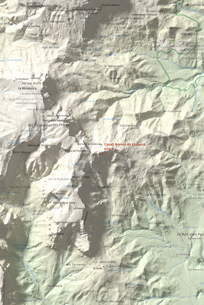 Mapa de relieve de Cavall Bernat de Llaberia, 840 m, Baix Camp, lámina 100 Cims de Trobart. Detalle de la zona central. 61 × 91 cm.