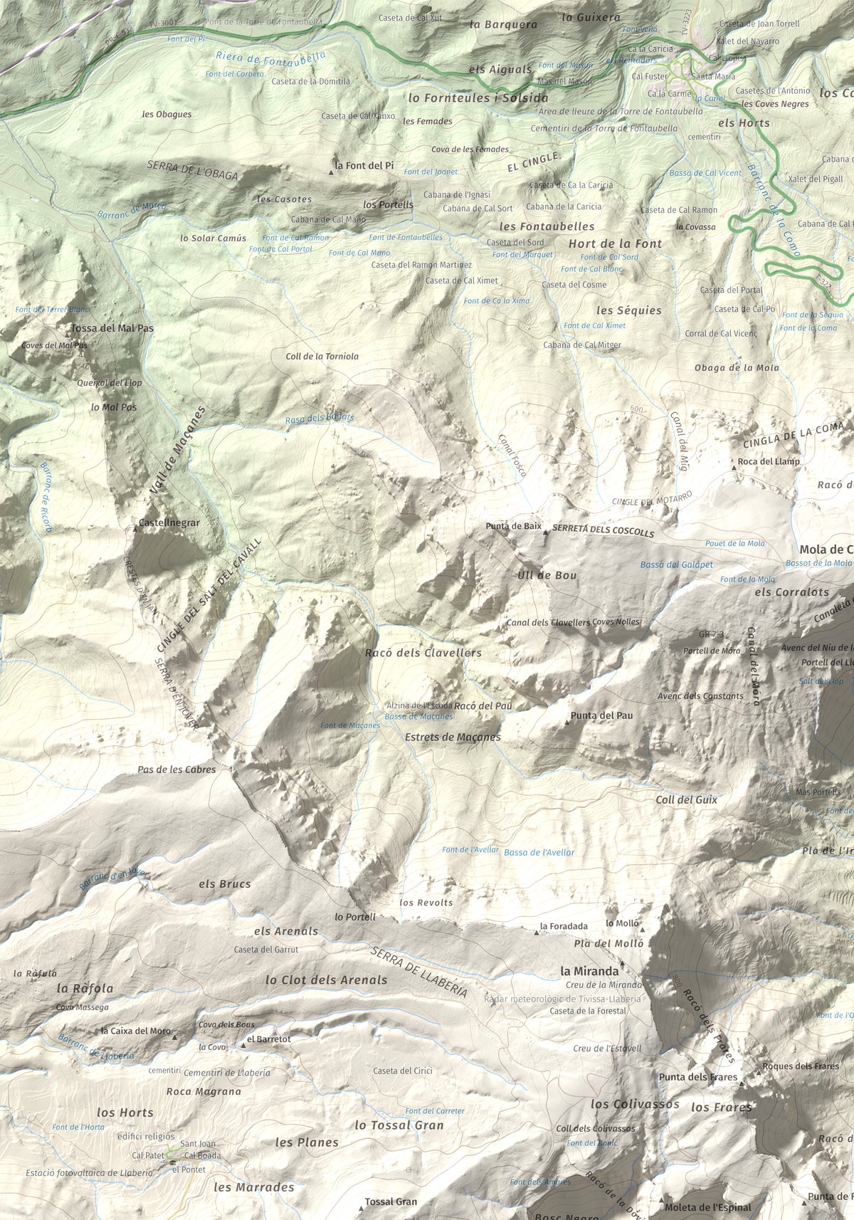 Mapa de relieve de Cavall Bernat de Llaberia, 840 m, Baix Camp, lámina 100 Cims de Trobart. Detalle de la zona superior izquierda. 70 × 100 cm.