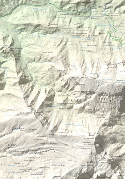 Mapa de relieve de Cavall Bernat de Llaberia, 840 m, Baix Camp, lámina 100 Cims de Trobart. Detalle de la zona superior izquierda. 70 × 100 cm.