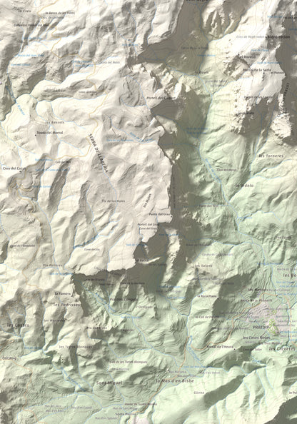 Mapa de relieve de Cavall Bernat de Llaberia, 840 m, Baix Camp, lámina 100 Cims de Trobart. Detalle de la zona inferior izquierda. 70 × 100 cm.