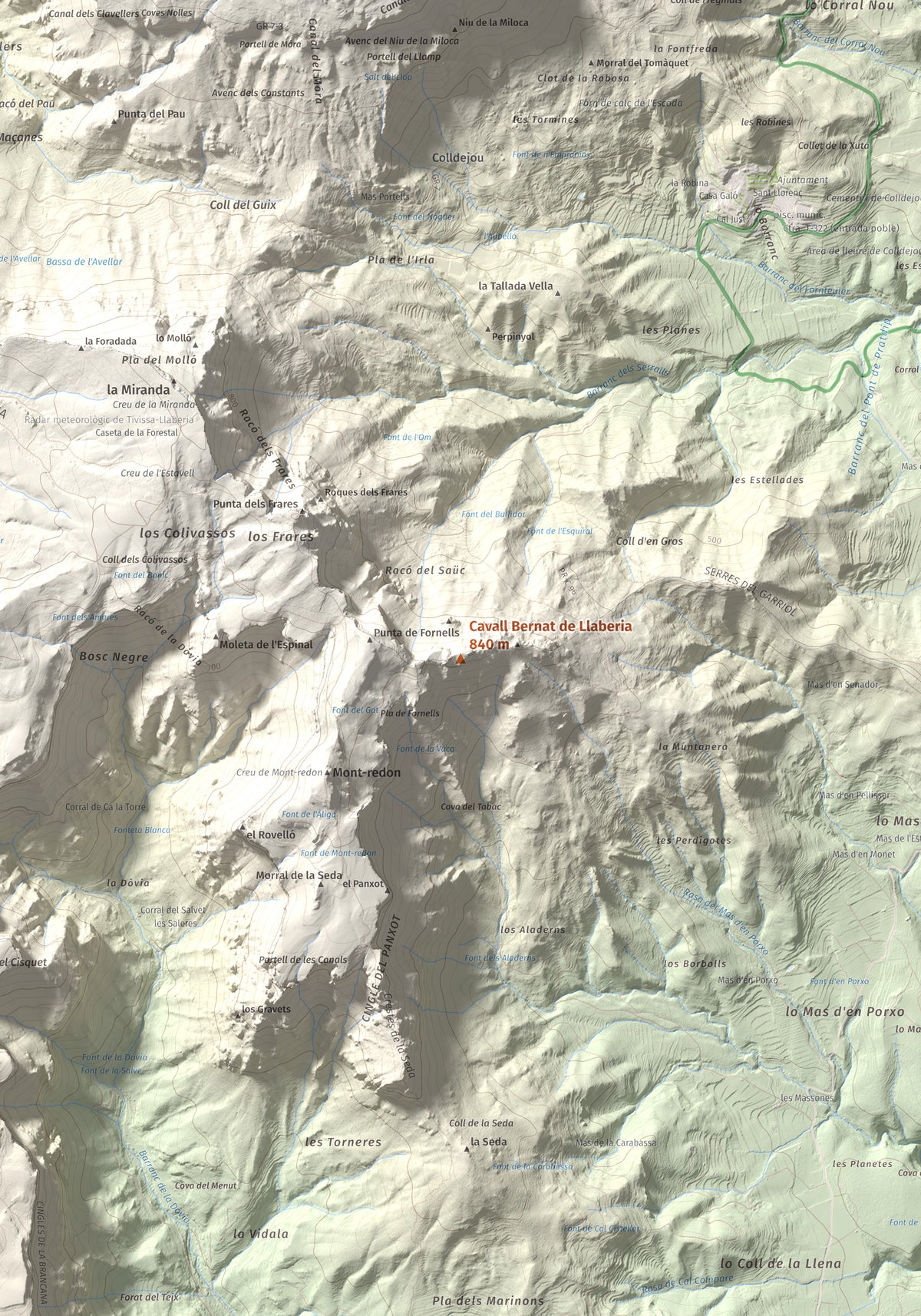 Mapa de relieve de Cavall Bernat de Llaberia, 840 m, Baix Camp, lámina 100 Cims de Trobart. Detalle de la zona central. 70 × 100 cm.