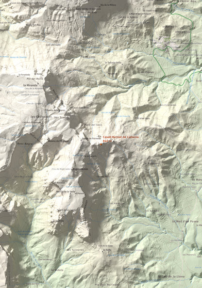 Mapa de relieve de Cavall Bernat de Llaberia, 840 m, Baix Camp, lámina 100 Cims de Trobart. Detalle de la zona central. 70 × 100 cm.