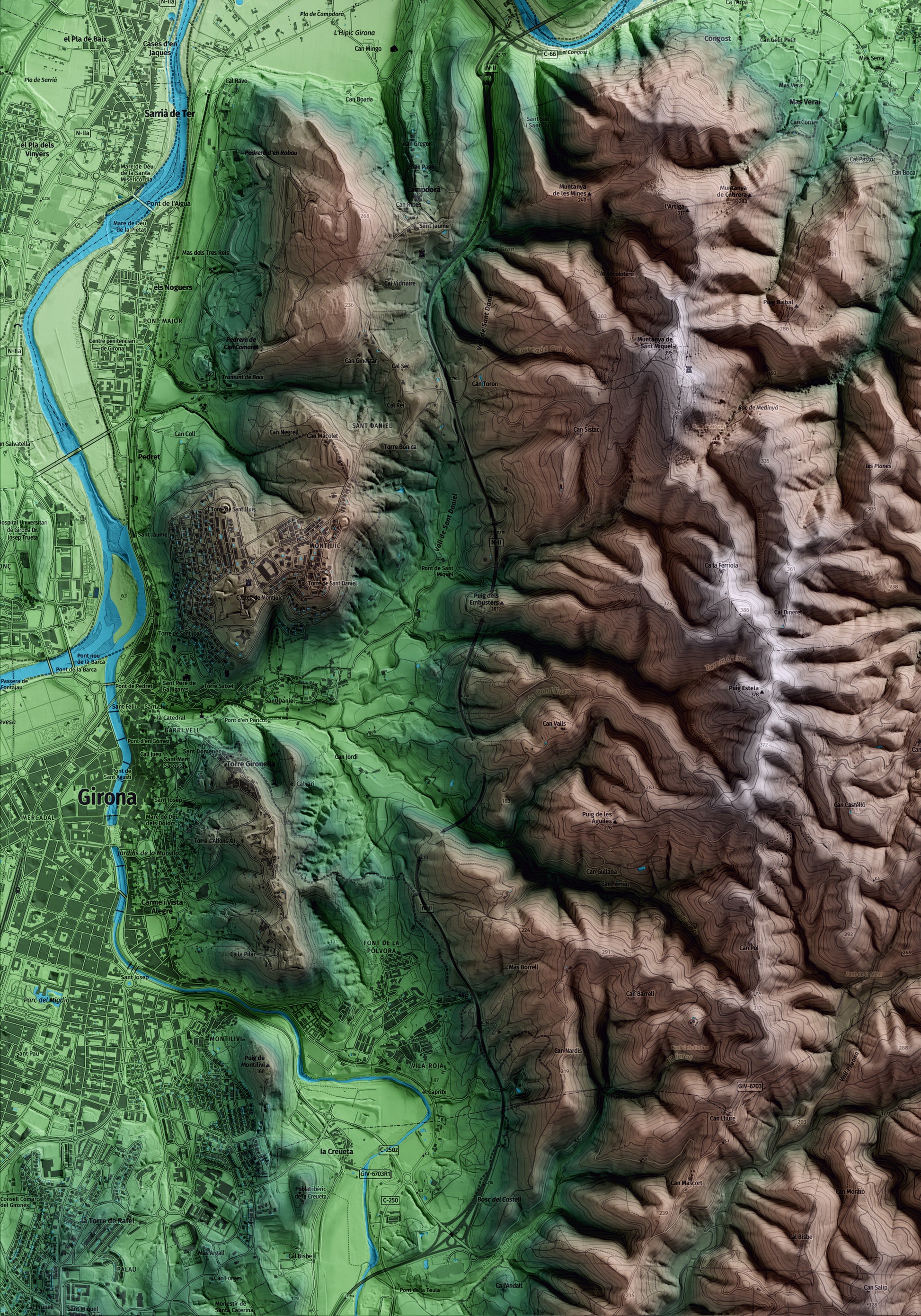 Mapa artístico del relieve de Celrà, al Gironès, con 15 km de entorno y base topográfica ICGC. Detalle de la zona inferior izquierda.