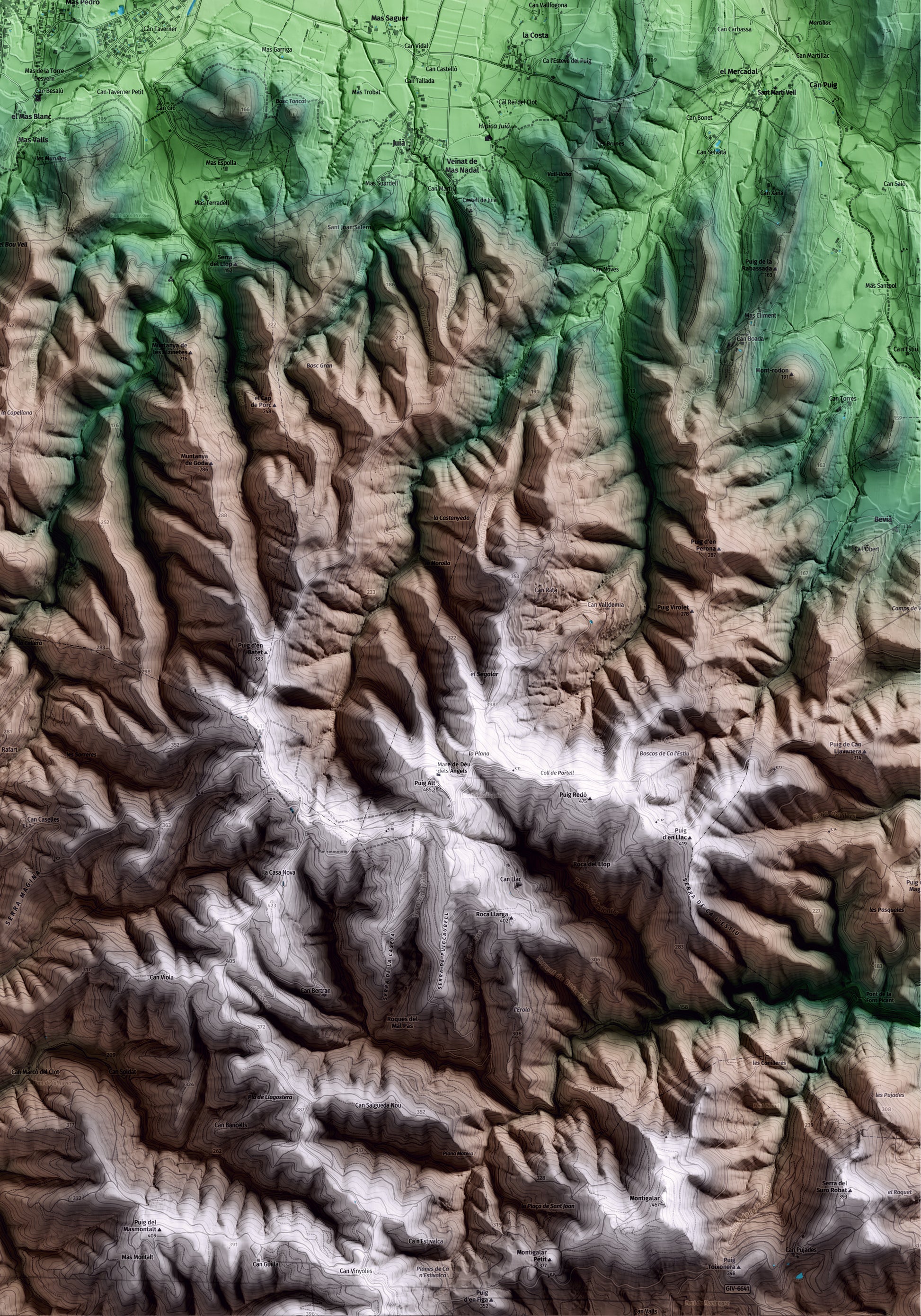 Mapa artístico del relieve de Celrà, al Gironès, con 15 km de entorno y base topográfica ICGC. Detalle de la zona inferior derecha.