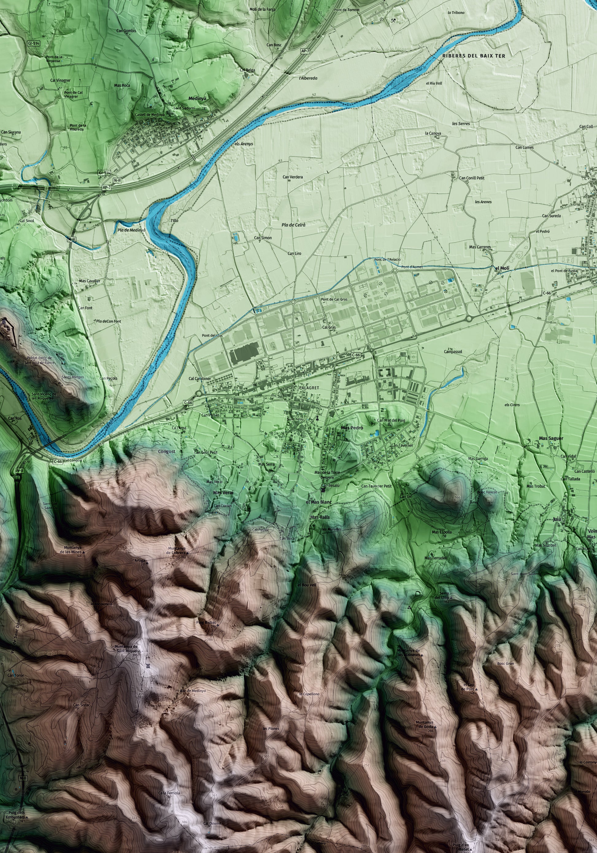 Mapa artístico del relieve de Celrà, al Gironès, con 15 km de entorno y base topográfica ICGC. Detalle de la zona central.