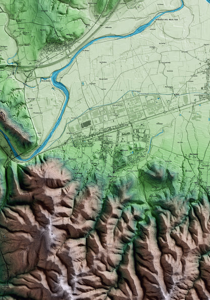 Mapa artístico del relieve de Celrà, al Gironès, con 15 km de entorno y base topográfica ICGC. Detalle de la zona central.