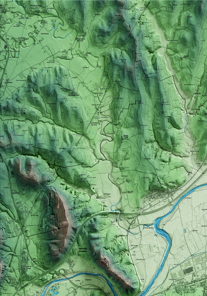Mapa artístico del relieve de Celrà, al Gironès, con 15 km de entorno y base topográfica ICGC. Detalle de la zona superior izquierda.