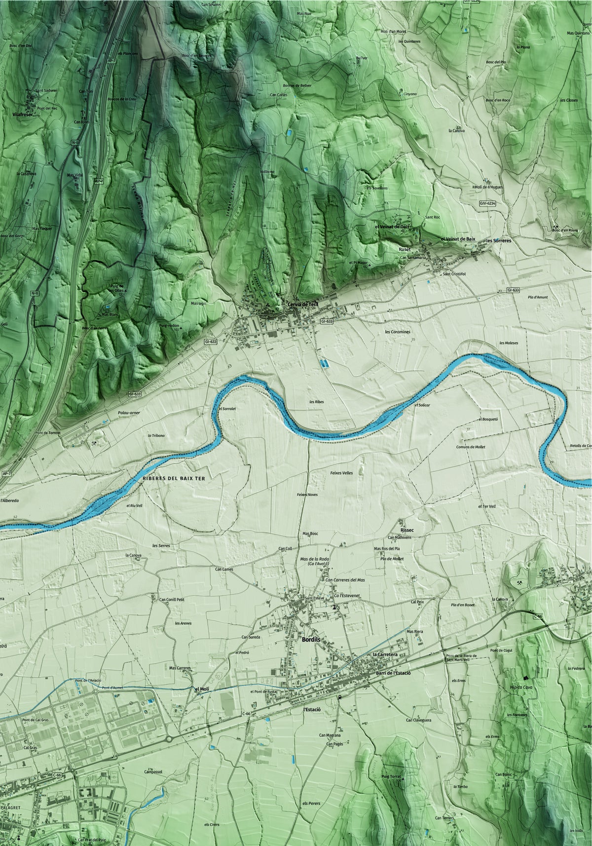 Mapa artístico del relieve de Celrà, al Gironès, con 15 km de entorno y base topográfica ICGC. Detalle de la zona superior derecha.