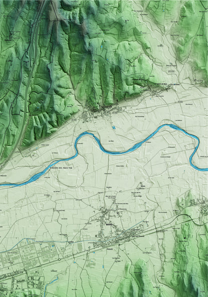 Mapa artístico del relieve de Celrà, al Gironès, con 15 km de entorno y base topográfica ICGC. Detalle de la zona superior derecha.