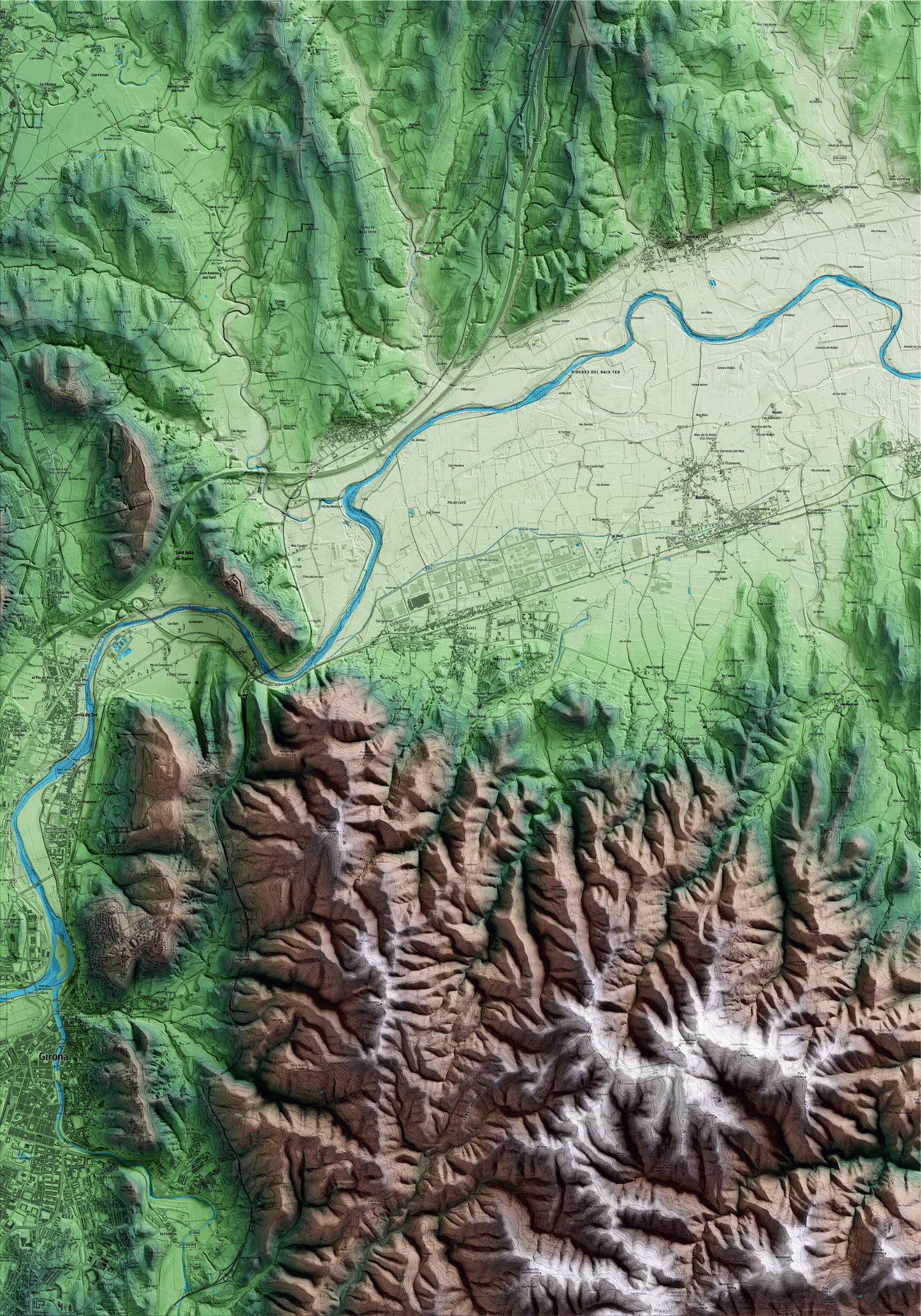 Mapa artístico del relieve de Celrà, al Gironès, con 15 km de entorno y base topográfica ICGC