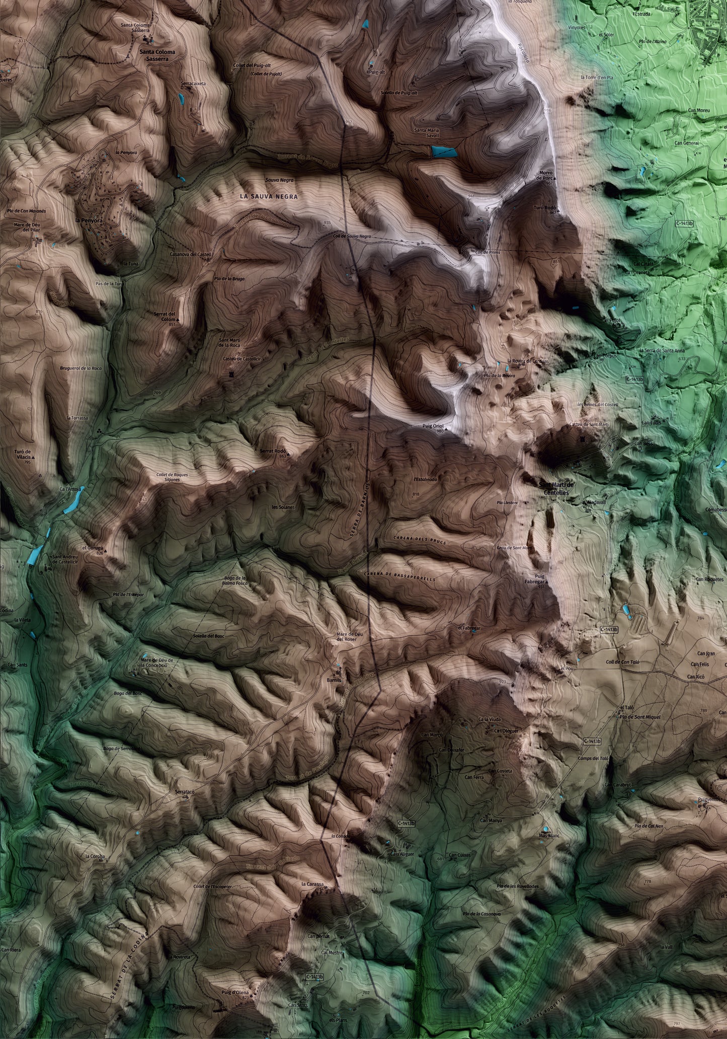 Mapa artístico del relieve de Centelles, a Osona, con 15 km de entorno y base topográfica ICGC. Detalle de la zona inferior izquierda.