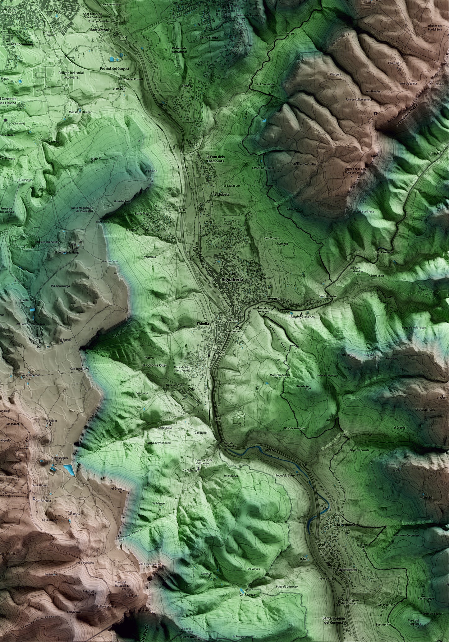 Mapa artístico del relieve de Centelles, a Osona, con 15 km de entorno y base topográfica ICGC. Detalle de la zona inferior derecha.