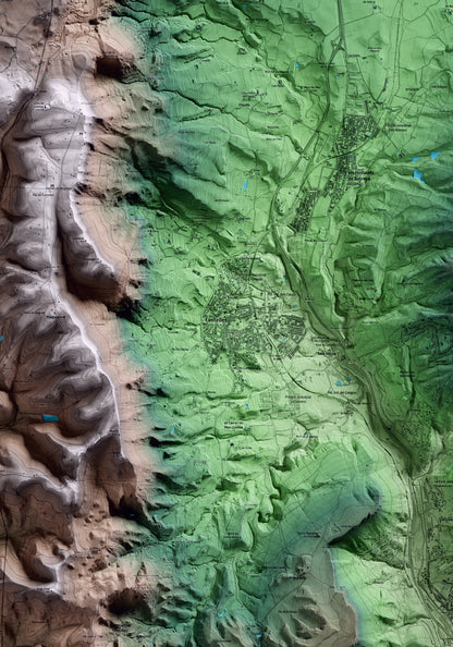 Mapa artístico del relieve de Centelles, a Osona, con 15 km de entorno y base topográfica ICGC. Detalle de la zona central.
