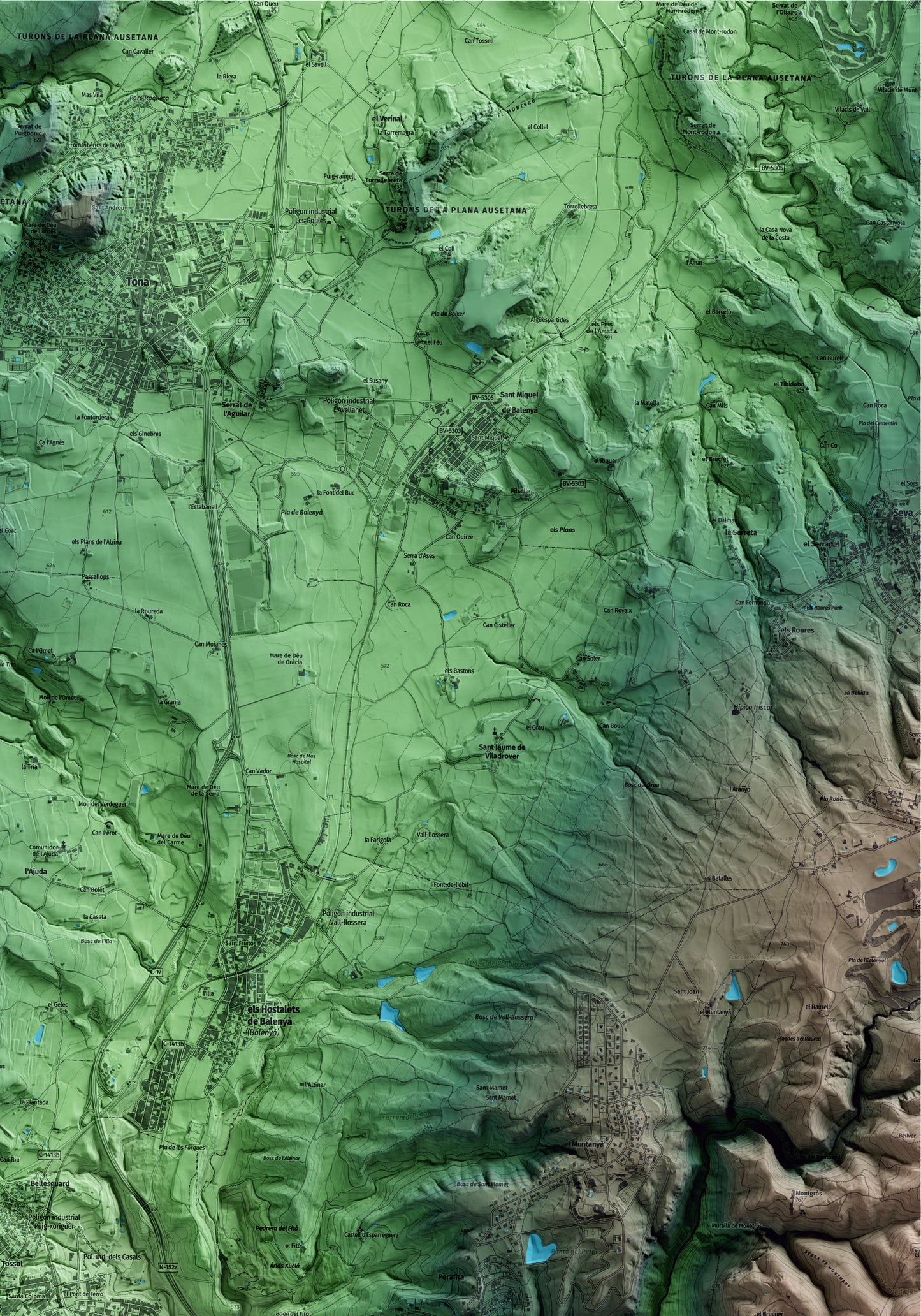 Mapa artístico del relieve de Centelles, a Osona, con 15 km de entorno y base topográfica ICGC. Detalle de la zona superior derecha.