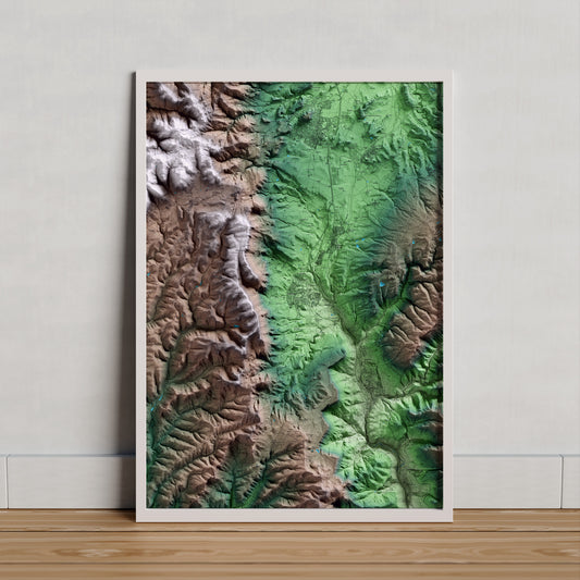 Mapa artístico del relieve de Centelles, a Osona, con 15 km de entorno y base topográfica ICGC. Presentación enmarcada.