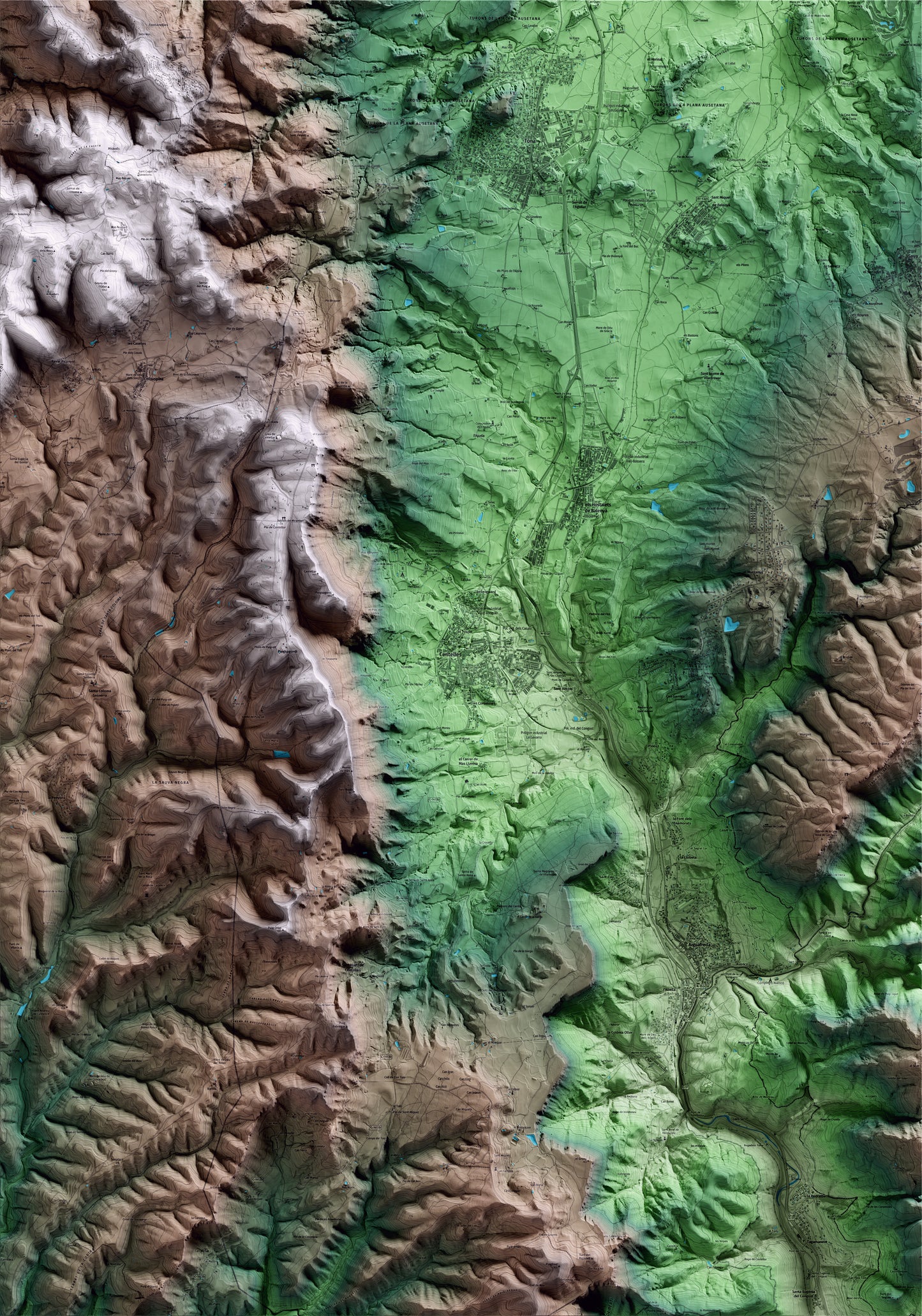 Mapa artístico del relieve de Centelles, a Osona, con 15 km de entorno y base topográfica ICGC