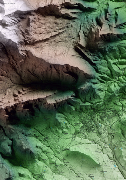 Mapa artístico del relieve de Cercs, al Berguedà, con 15 km de entorno y base topográfica ICGC. Detalle de la zona inferior izquierda.