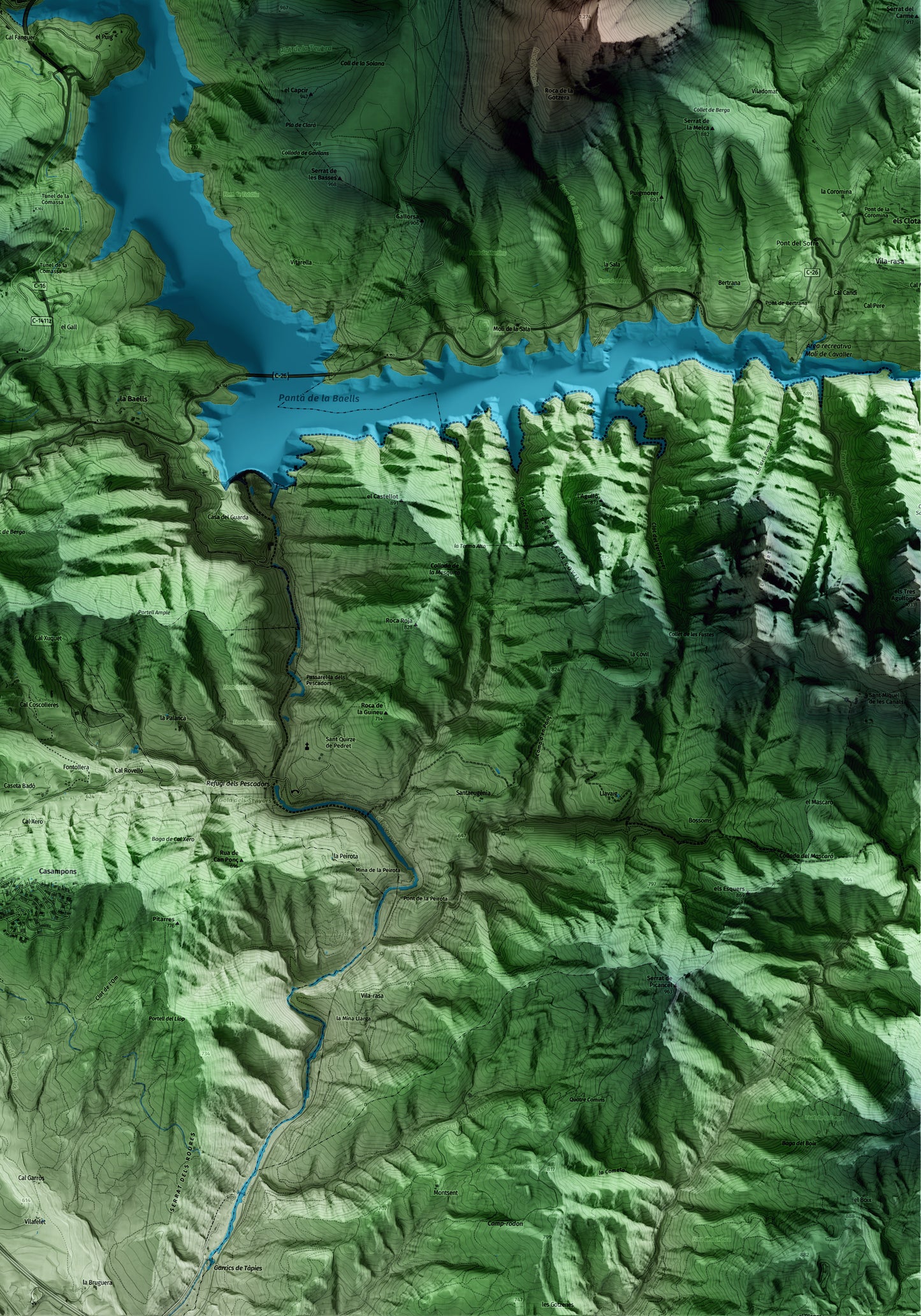 Mapa artístico del relieve de Cercs, al Berguedà, con 15 km de entorno y base topográfica ICGC. Detalle de la zona inferior derecha.