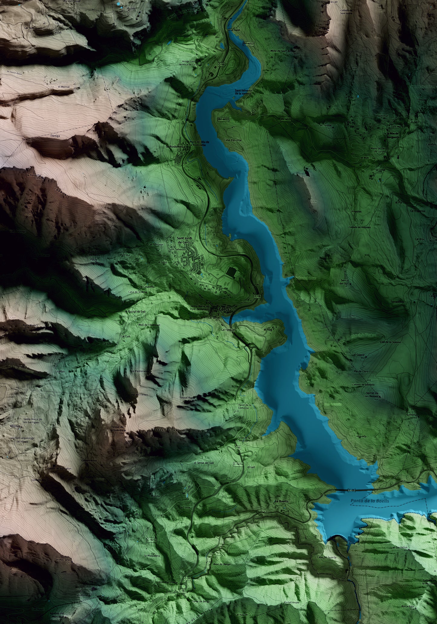 Mapa artístico del relieve de Cercs, al Berguedà, con 15 km de entorno y base topográfica ICGC. Detalle de la zona central.