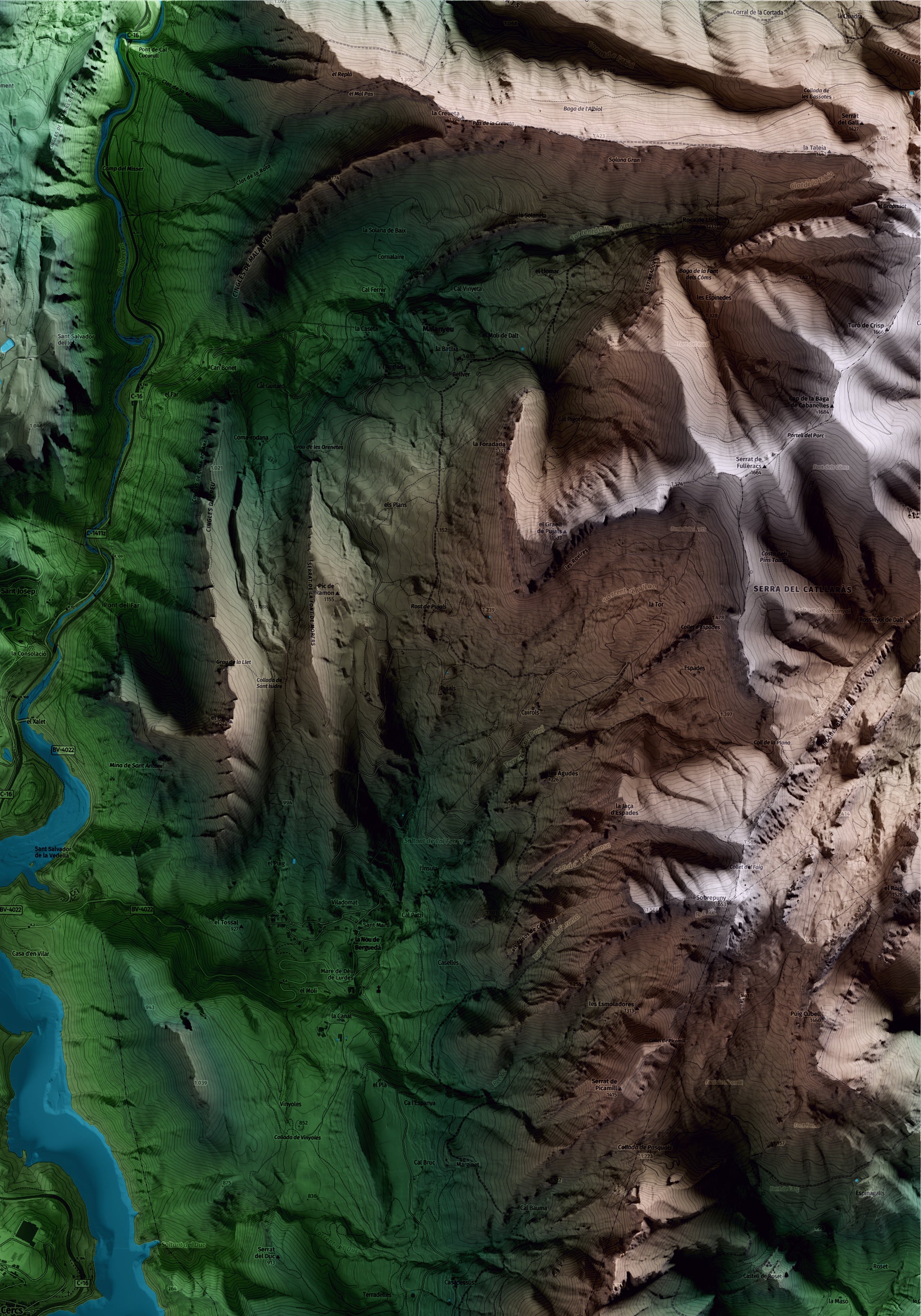 Mapa artístico del relieve de Cercs, al Berguedà, con 15 km de entorno y base topográfica ICGC. Detalle de la zona superior derecha.