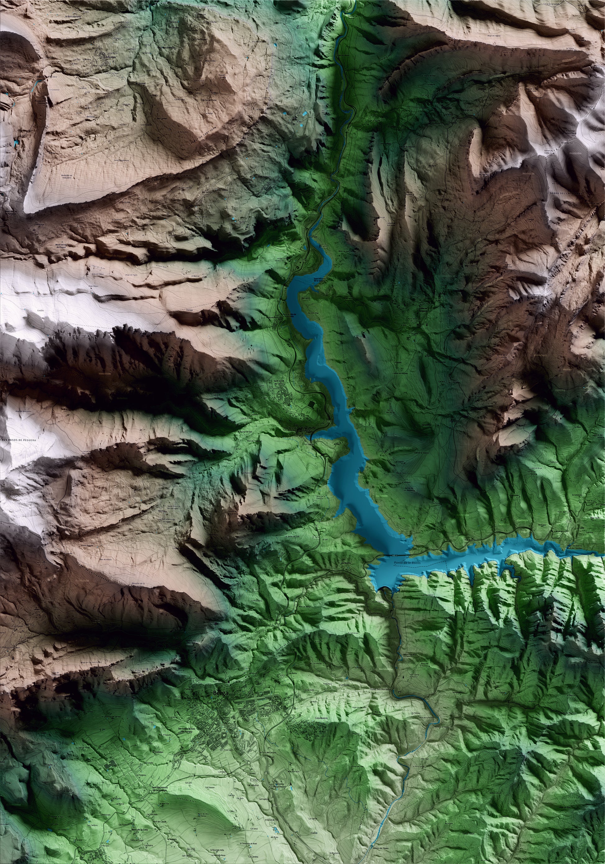Mapa artístico del relieve de Cercs, al Berguedà, con 15 km de entorno y base topográfica ICGC