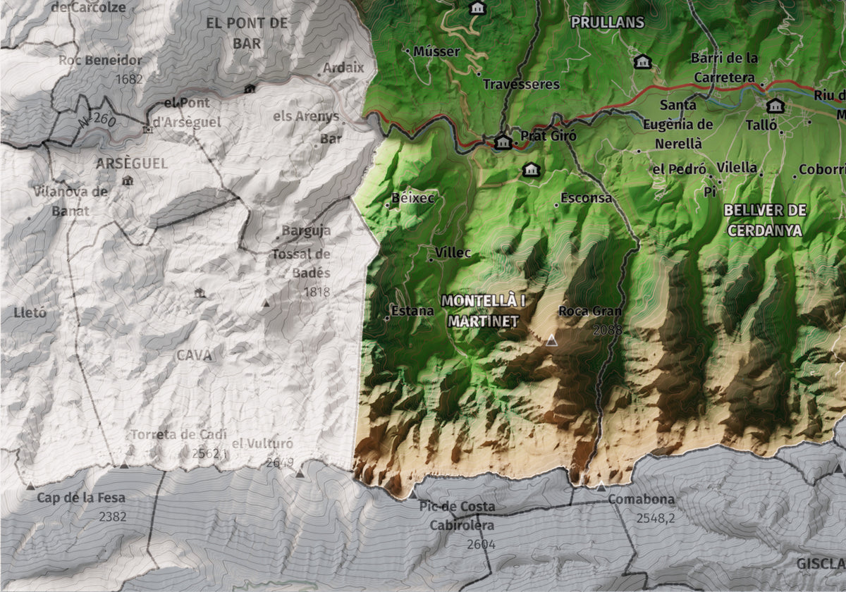 Mapa de relleu de la Cerdanya, amb el territori en color i l’entorn en blanc. Detall de la part inferior esquerra. 21 × 30 cm. Estil Clàssic.