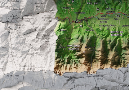 Mapa de relleu de la Cerdanya, amb el territori en color i l’entorn en blanc. Detall de la part inferior esquerra. 21 × 30 cm. Estil Clàssic.