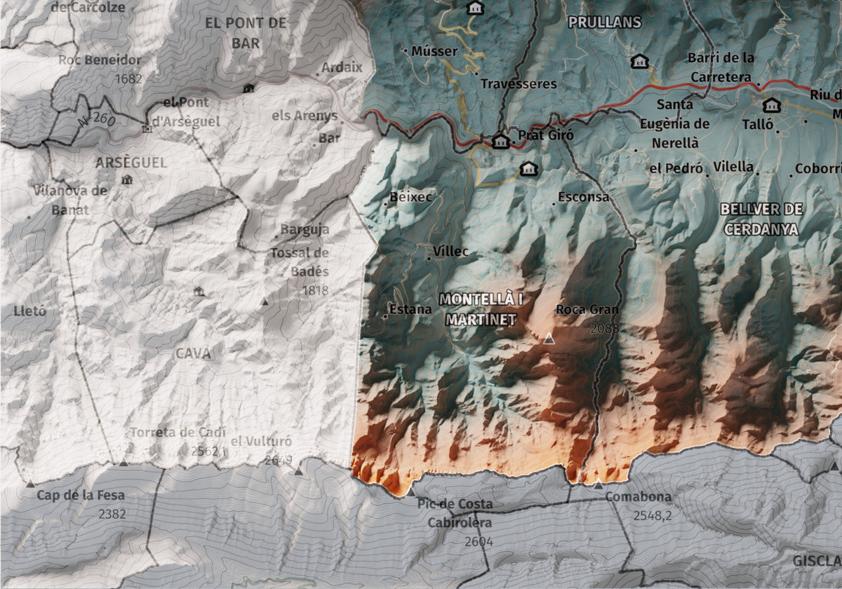 Mapa de relleu de la Cerdanya, amb el territori en color i l’entorn en blanc. Detall de la part inferior esquerra. 21 × 30 cm. Estil Blau i taronja.