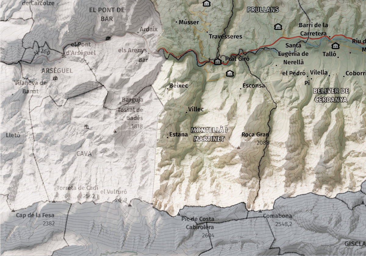 Mapa de relleu de la Cerdanya, amb el territori en color i l’entorn en blanc. Detall de la part inferior esquerra. 21 × 30 cm. Estil Cartogràfic.