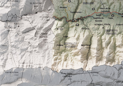 Mapa de relleu de la Cerdanya, amb el territori en color i l’entorn en blanc. Detall de la part inferior esquerra. 21 × 30 cm. Estil Cartogràfic.