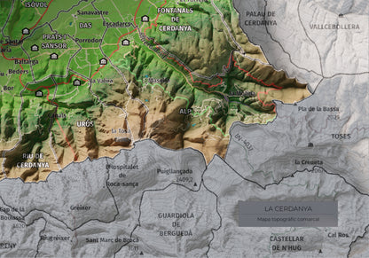 Mapa de relleu de la Cerdanya, amb el territori en color i l’entorn en blanc. Detall de la part inferior dreta. 21 × 30 cm. Estil Clàssic.