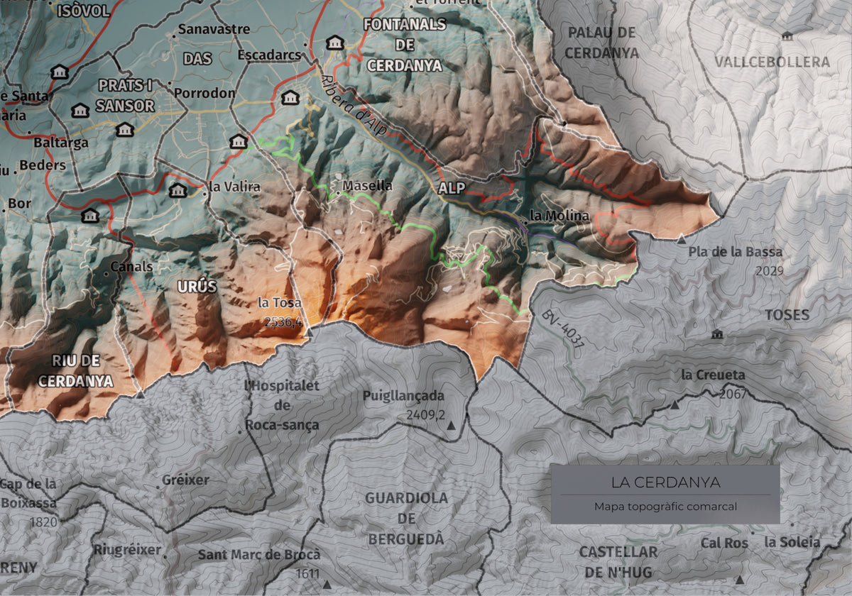 Mapa de relleu de la Cerdanya, amb el territori en color i l’entorn en blanc. Detall de la part inferior dreta. 21 × 30 cm. Estil Blau i taronja.