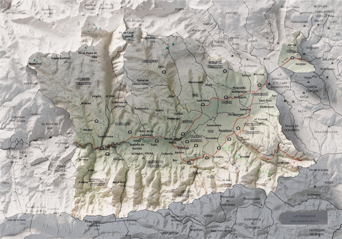 Mapa de relleu de la Cerdanya, amb el territori en color i l’entorn en blanc. Vista completa de la làmina. 21 × 30 cm. Estil Cartogràfic.