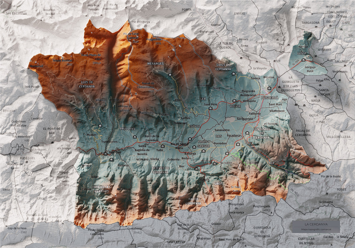 Mapa de relleu de la Cerdanya, amb el territori en color i l’entorn en blanc. Vista completa de la làmina. 21 × 30 cm. Estil Blau i taronja.