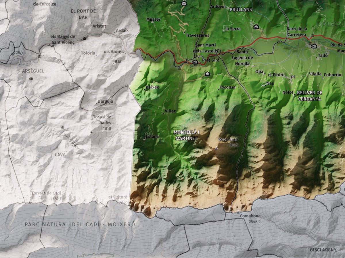 Mapa de relleu de la Cerdanya, amb el territori en color i l’entorn en blanc. Detall de la part inferior esquerra. 30 × 40 cm. Estil Clàssic.