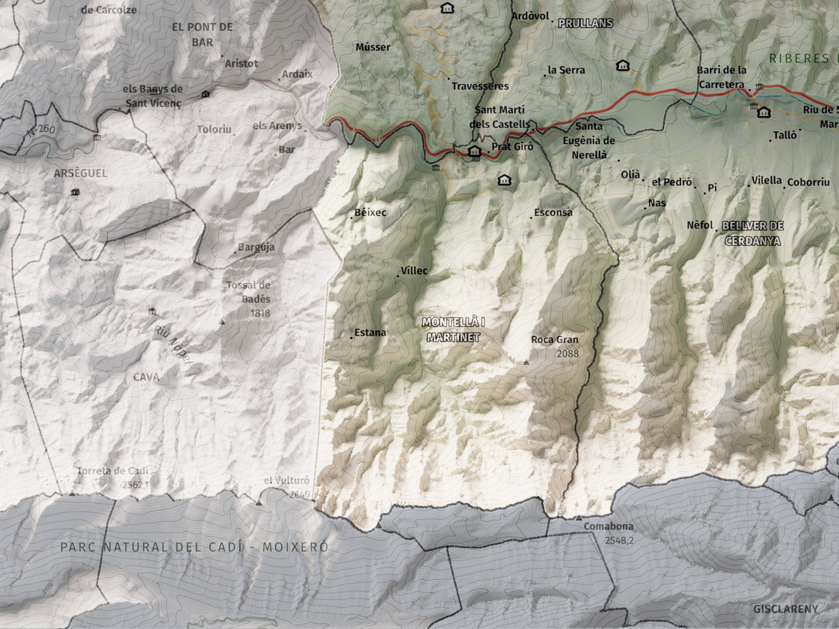 Mapa de relleu de la Cerdanya, amb el territori en color i l’entorn en blanc. Detall de la part inferior esquerra. 30 × 40 cm. Estil Cartogràfic.