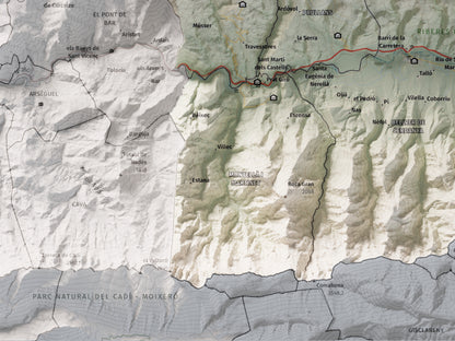 Mapa de relleu de la Cerdanya, amb el territori en color i l’entorn en blanc. Detall de la part inferior esquerra. 30 × 40 cm. Estil Cartogràfic.